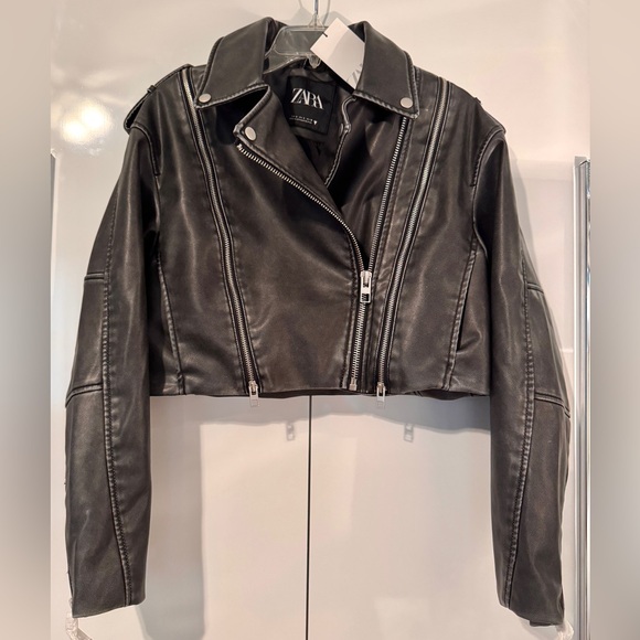 Zara Charcoal Faux Leather Cropped Oversized Biker Jacket - Picture 1 of 3